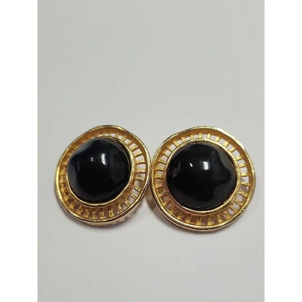 Oversized Vintage Gold and Black Round Statement Earrings Classic Clip On